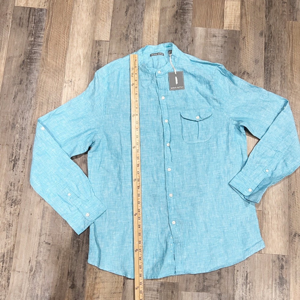 Michael Bastian Mens Linen Band Collar Shirt Turquoise Blue‎ Long Sleeve Large